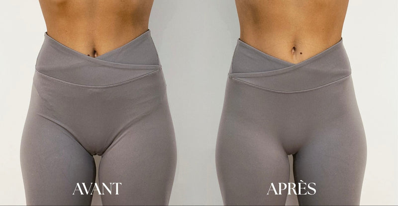 Effet avant / après du tanga anti-cameltoe NUVY sous un legging